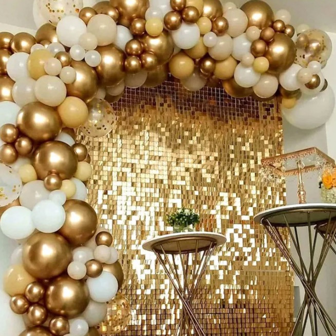 Gold Sequin Wall Backdrop Framed by Balloon Garland — New Years Eve Backdrop