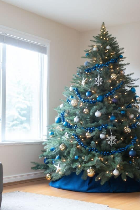 Corner Christmas Tree with Blue Fabric Skirt and Silver Ornaments Corner Christmas Tree with Blue Fabric Skirt and Silver Ornaments — Blue and Silver Christmas Tree