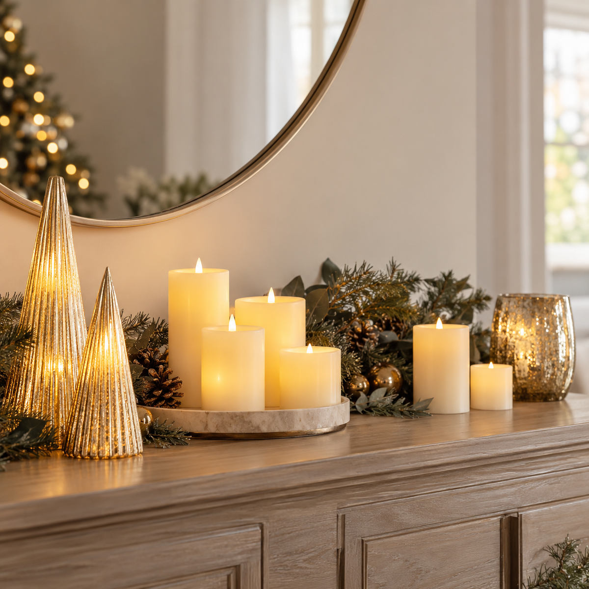 Modern LED Pillar Candles with Gold Trees and Evergreen Garland Modern LED Pillar Candles with Gold Trees and Evergreen Garland — Christmas Candle Decor