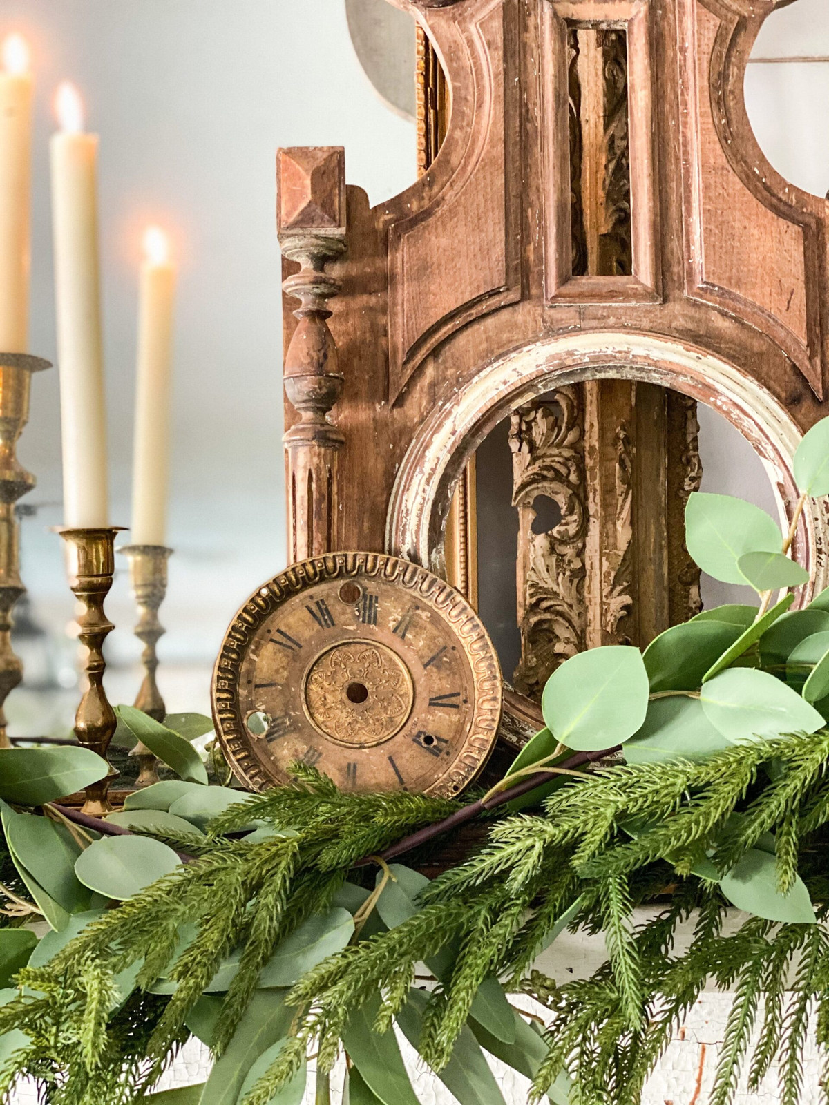Vintage Vignette with Antique Clock Face and Greenery — Winter Mantel Decor