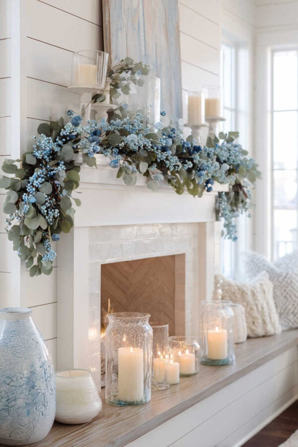 Serene Coastal Mantel with Blue Berry Garland and Lanterns Serene Coastal Mantel with Blue Berry Garland and Lanterns — Coastal Christmas Decor