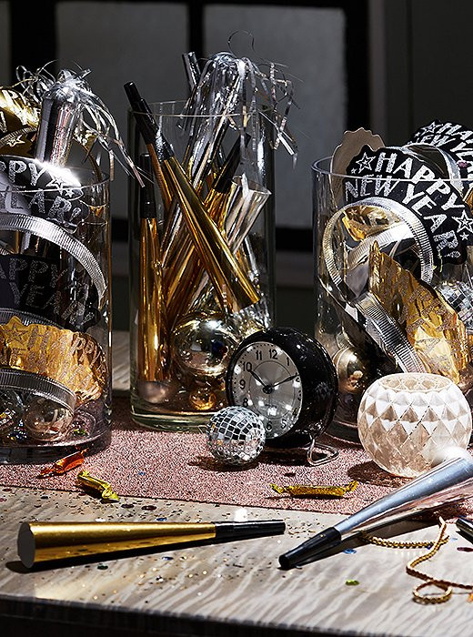 Collection of Festive Party Accessories in Glass Vases — New Years Eve Party Decor