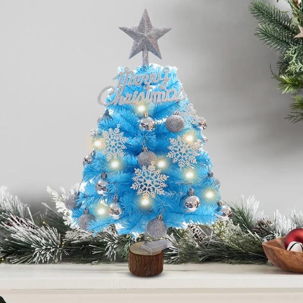 Compact Blue Tinsel Tabletop Tree with Silver Snowflakes Compact Blue Tinsel Tabletop Tree with Silver Snowflakes — Blue and Silver Christmas Tree