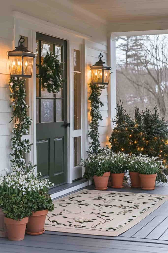 Traditional Porch with Snow-Dusted Greenery and Lanterns Traditional Porch with Snow-Dusted Greenery and Lanterns — Winter Porch Decor
