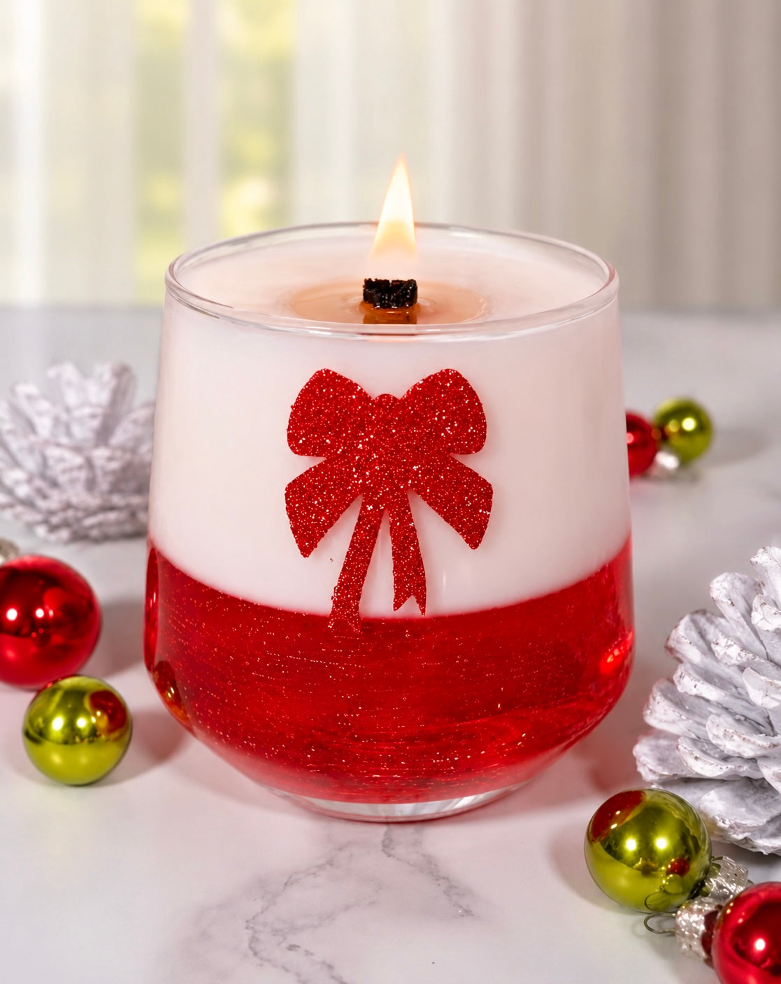 Festive White and Red Christmas Candle with Glitter Bow Festive White and Red Christmas Candle with Glitter Bow — Christmas Candle Decor