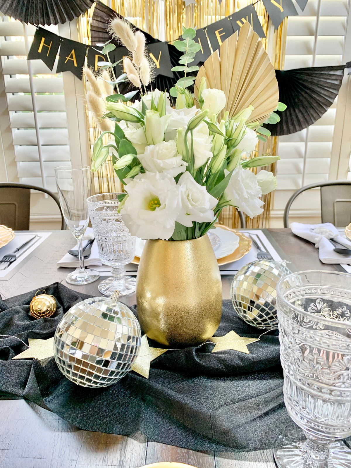Boho Glam Table Vignette with Pampas Grass and Disco Balls — New Years Eve Table Decor