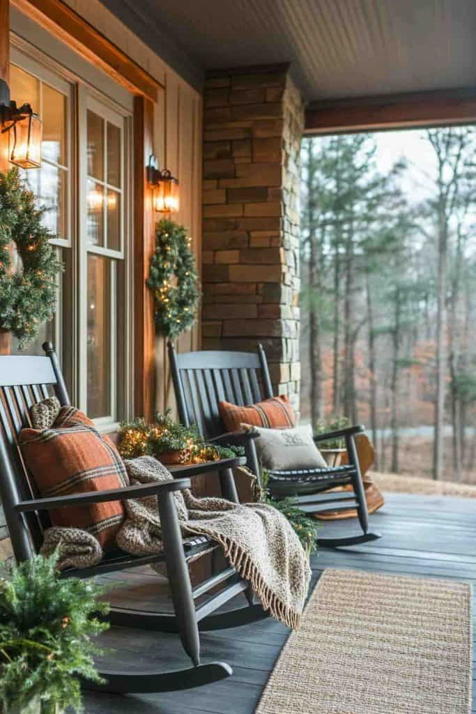 Rustic Porch with Cozy Seating and Evergreen Wreaths Rustic Porch with Cozy Seating and Evergreen Wreaths — Winter Porch Decor