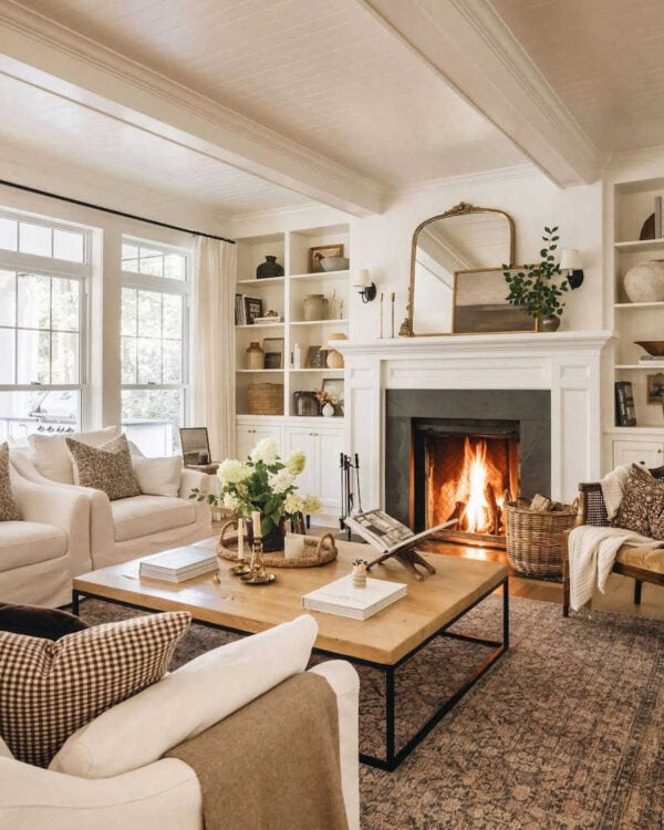 Modern Farmhouse Mantel with Large Ornate Mirror and Glowing Fireplace — Winter Mantel Decor