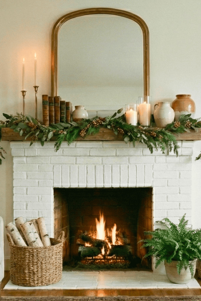 Cozy Winter Scene with Greenery Garland, Books, and Candles — Winter Mantel Decor