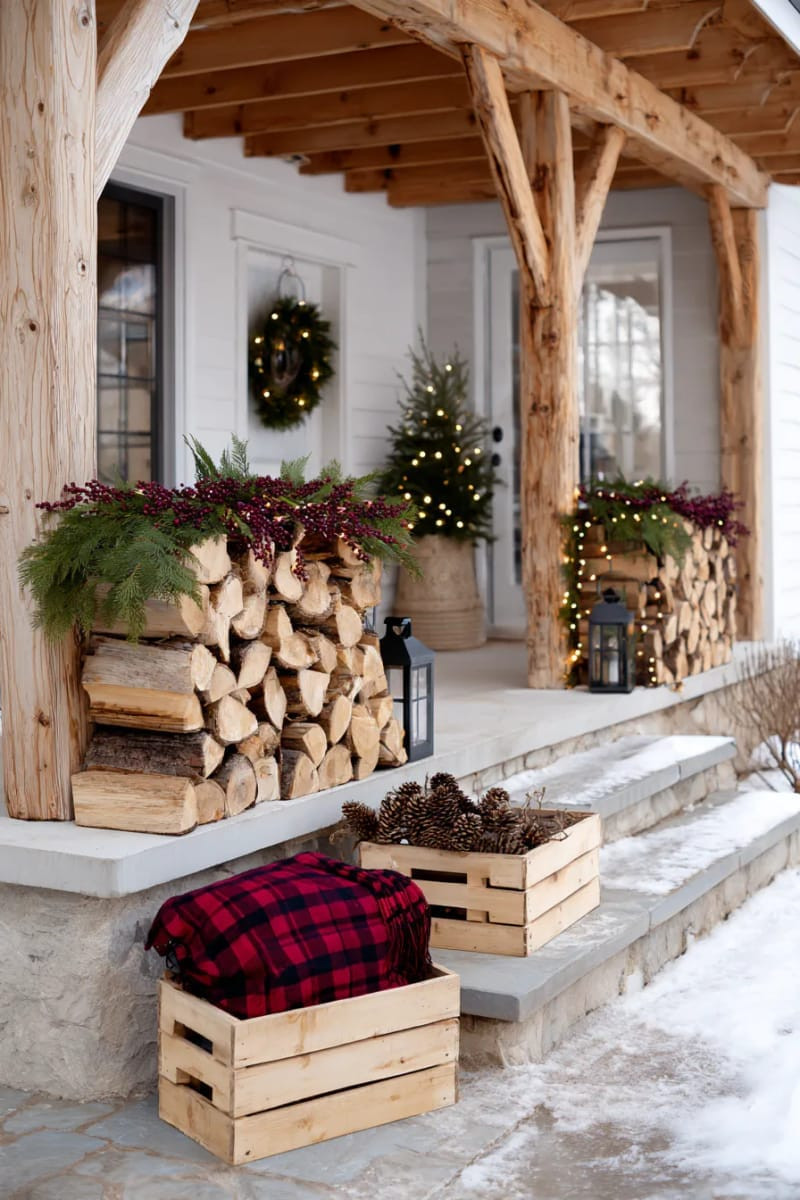 Rustic Porch with Stacked Firewood and Festive Accents Rustic Porch with Stacked Firewood and Festive Accents — Winter Porch Decor