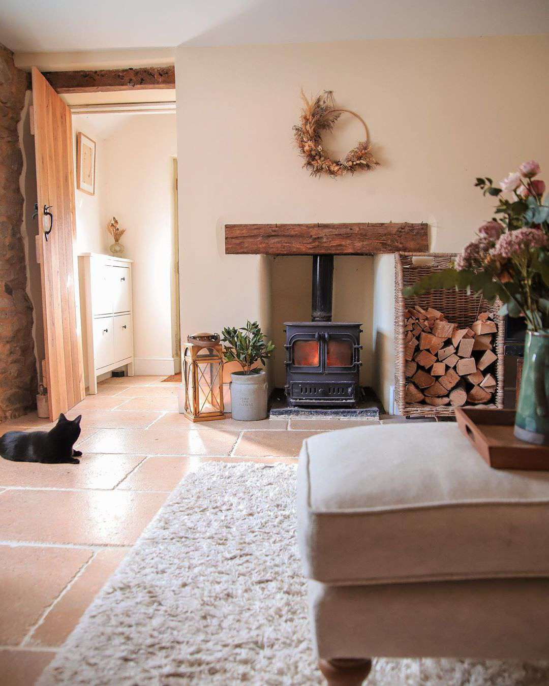 Farmhouse Hygge Living Room with Wood-Burning Stove and Hearth — Hygge Home Decor