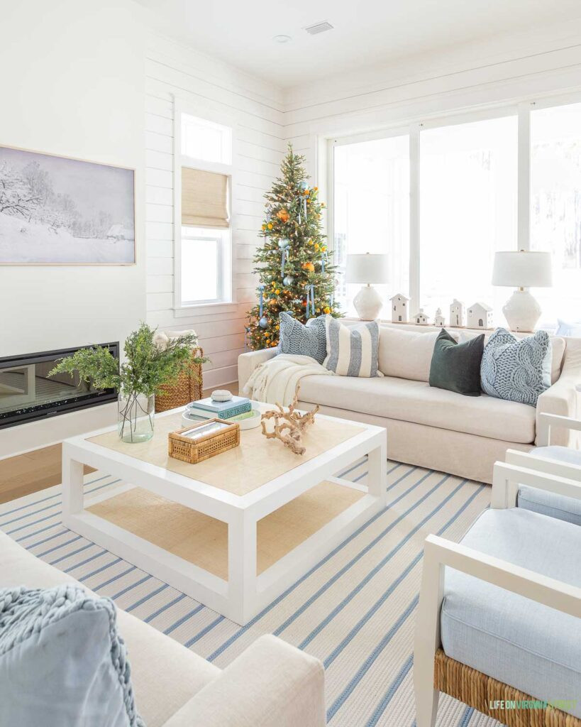 Bright and Airy Coastal Living Room Christmas Tree Bright and Airy Coastal Living Room Christmas Tree — Coastal Christmas Decor