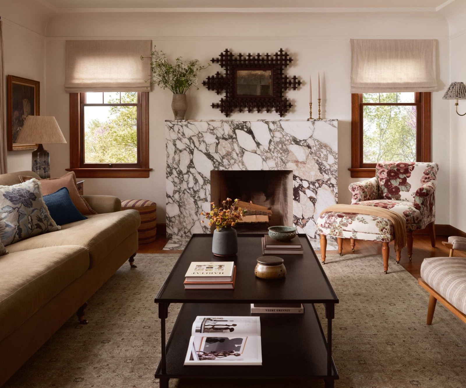Transitional Living Room with Marble Fireplace Transitional Living Room with Marble Fireplace — Winter Home Decor