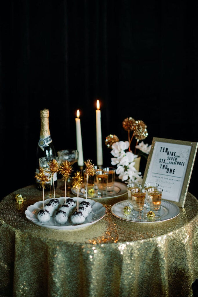 Glamorous Gold Sequin Dessert Pop Display Glamorous Gold Sequin Dessert Pop Display — New Years Eve Dessert Table