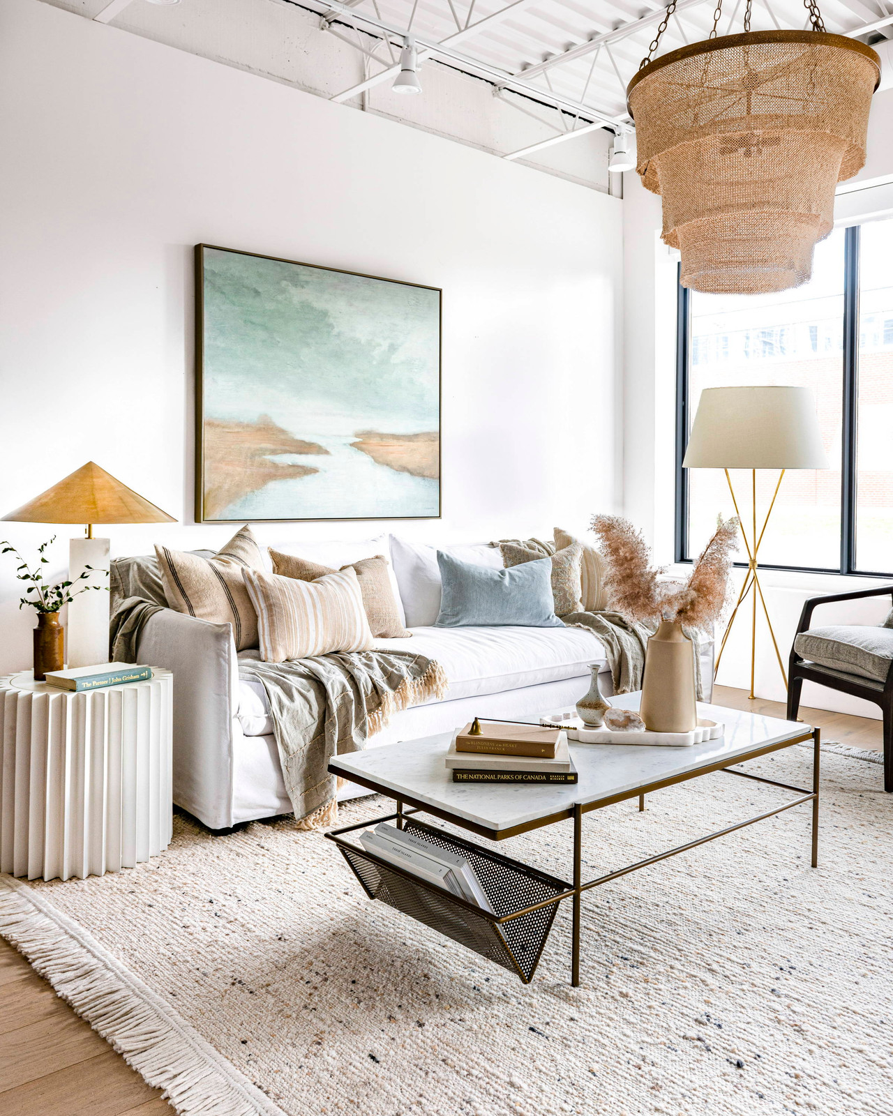 Scandi Hygge Living Room with Marble Coffee Table and Woven Rug — Hygge Home Decor