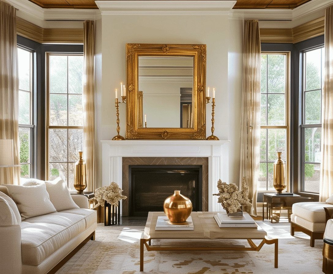 Traditional Living Room with Ornate Gold Mirror Fireplace Traditional Living Room with Ornate Gold Mirror Fireplace — Winter Home Decor