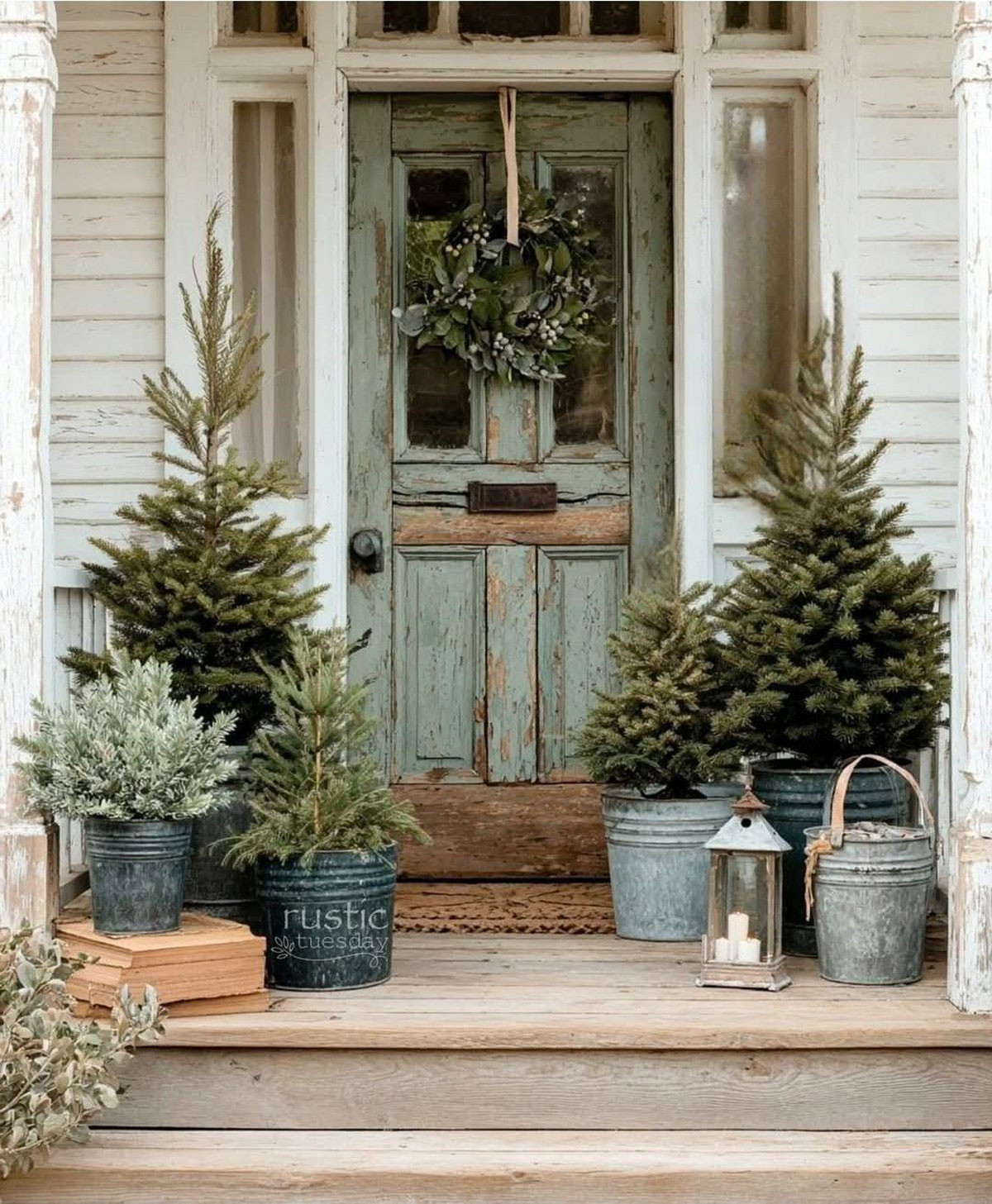 Natural Porch with Potted Evergreen Trees and Lanterns Natural Porch with Potted Evergreen Trees and Lanterns — Winter Porch Decor