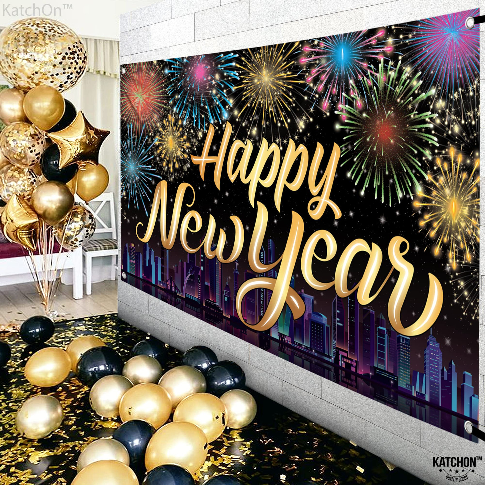 Modern Cityscape and Fireworks Banner Backdrop — New Years Eve Backdrop