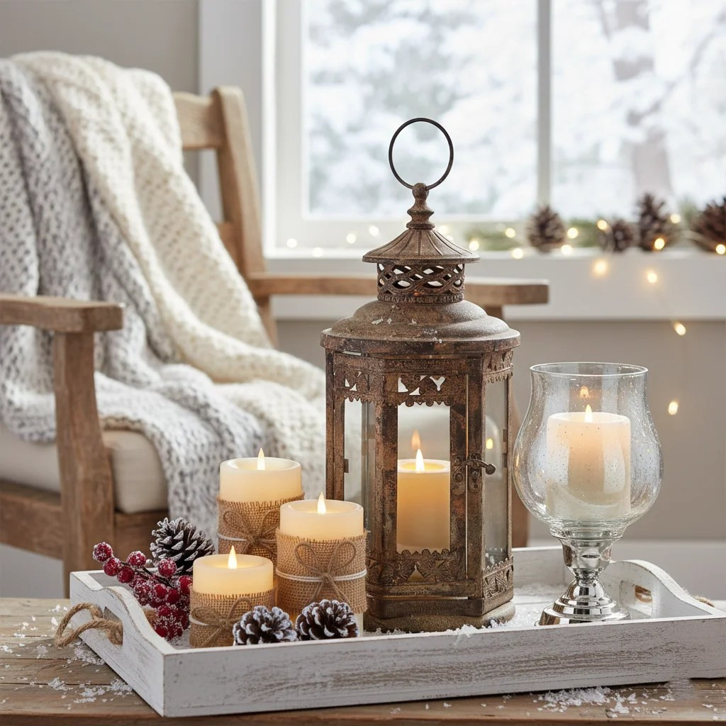 Rustic Candle Display with Ornate Lantern and Knitted Blanket Rustic Candle Display with Ornate Lantern and Knitted Blanket — Winter Home Decor