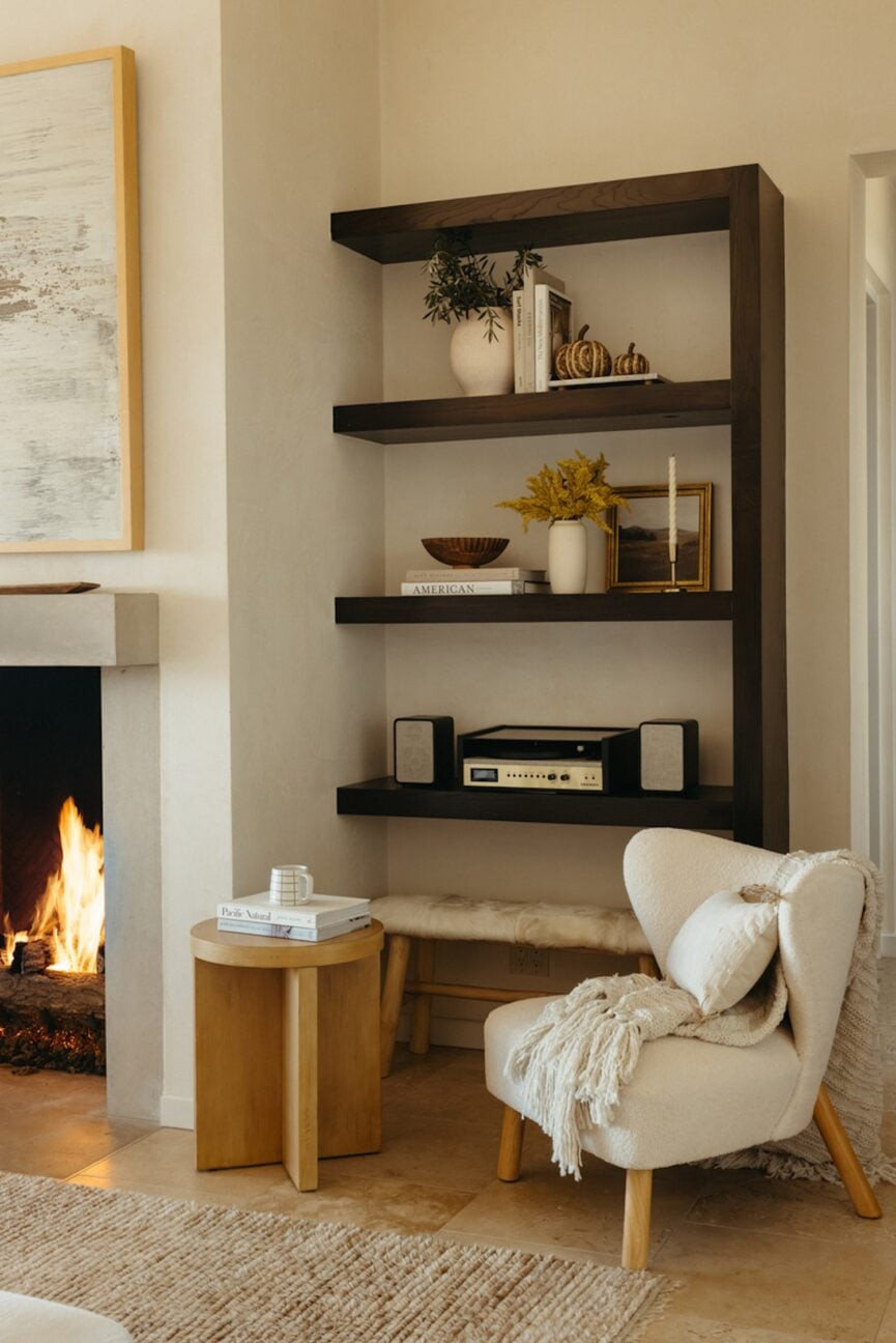 Cozy Modern Hygge Living Room Corner with Fireplace Glow — Hygge Home Decor