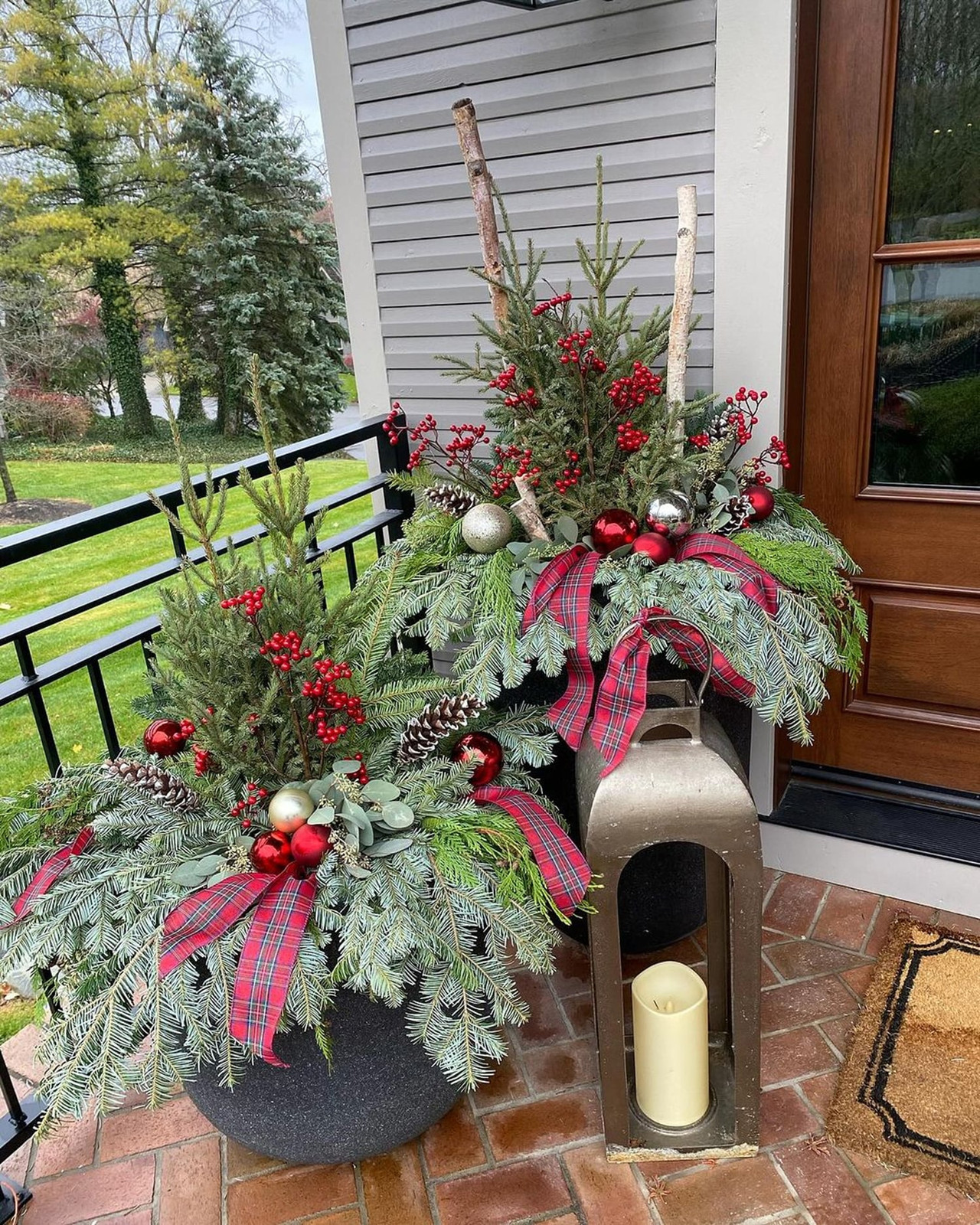 Rustic Planters Bursting with Evergreen and Berries Rustic Planters Bursting with Evergreen and Berries — Winter Porch Decor