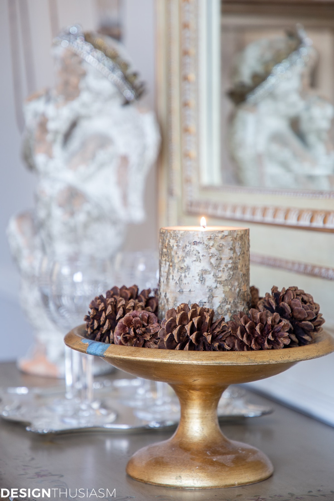 Gold Pedestal Bowl with Pinecone-Encircled Candle Gold Pedestal Bowl with Pinecone-Encircled Candle — Winter Home Decor