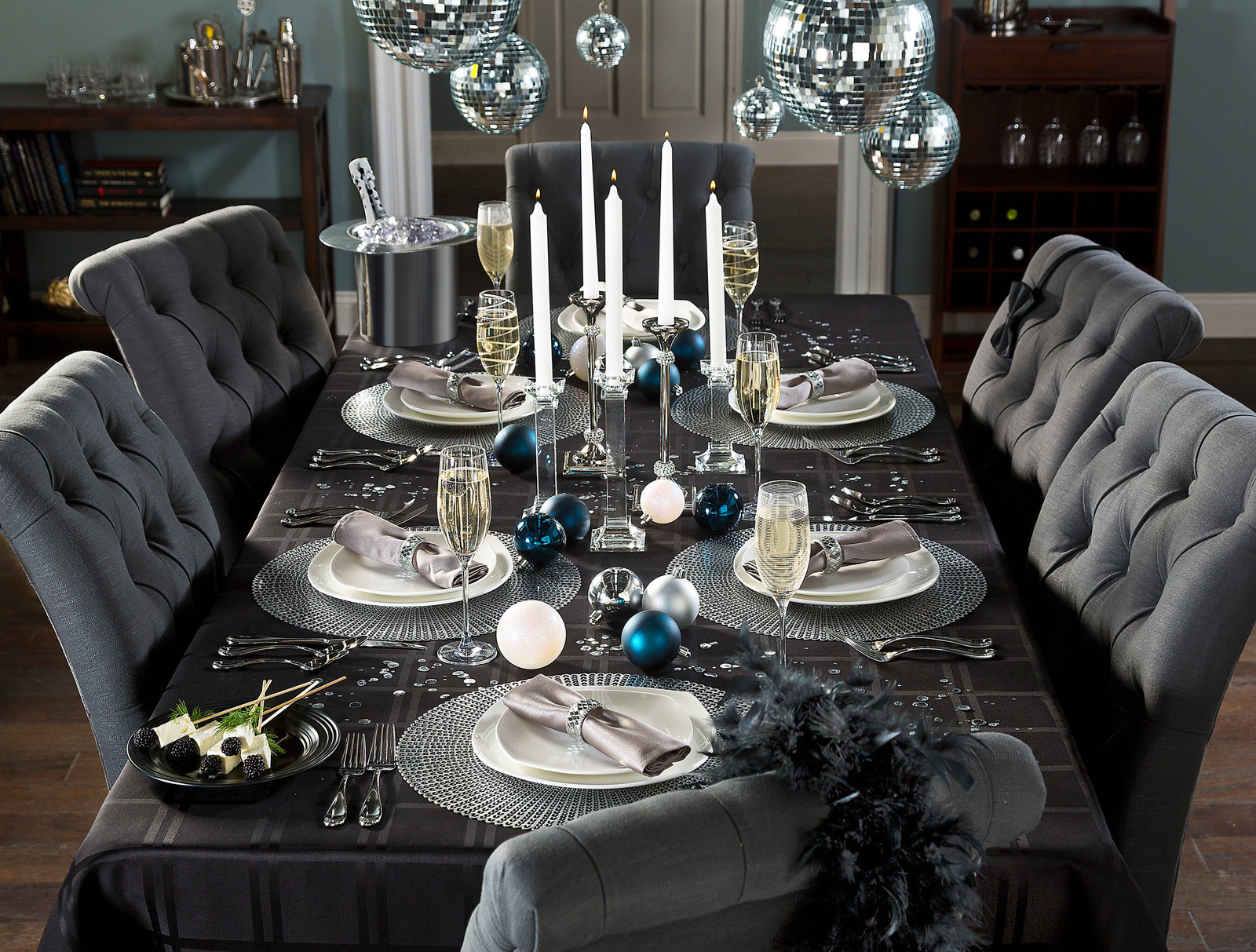 Formal Glam Dining Room with Hanging Disco Ball Accents — New Years Eve Table Decor