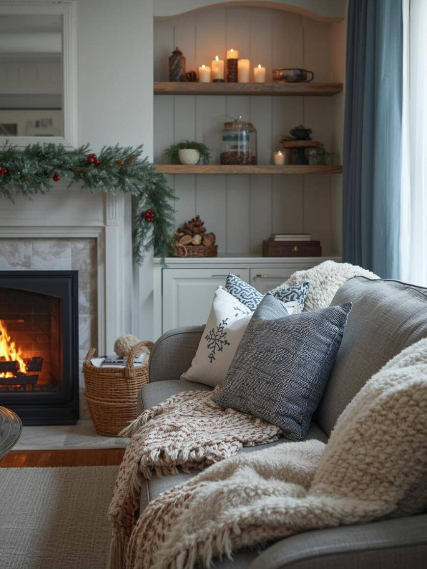 Traditional Fireplace with Garland and Cozy Sofa Traditional Fireplace with Garland and Cozy Sofa — Winter Home Decor