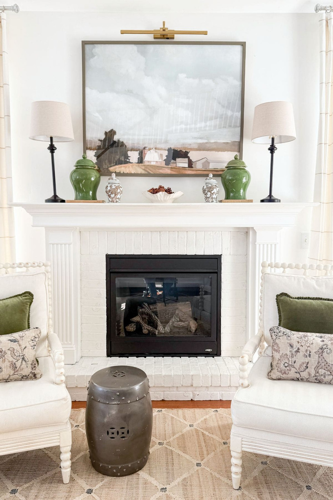 Farmhouse Fireplace Mantel with Landscape Art Farmhouse Fireplace Mantel with Landscape Art — Winter Home Decor