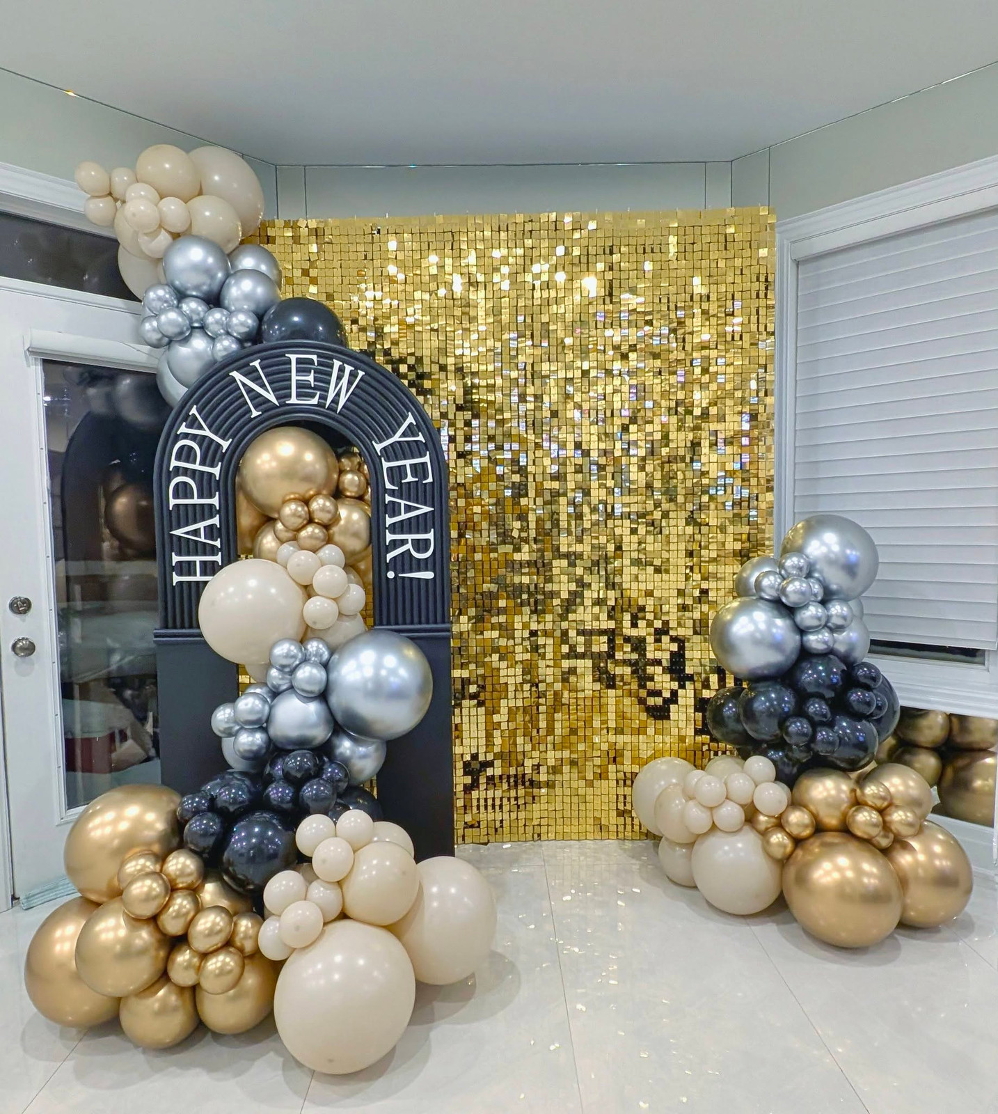 Modern Glam Arched Backdrop with Sequin Wall and Balloons — New Years Eve Backdrop