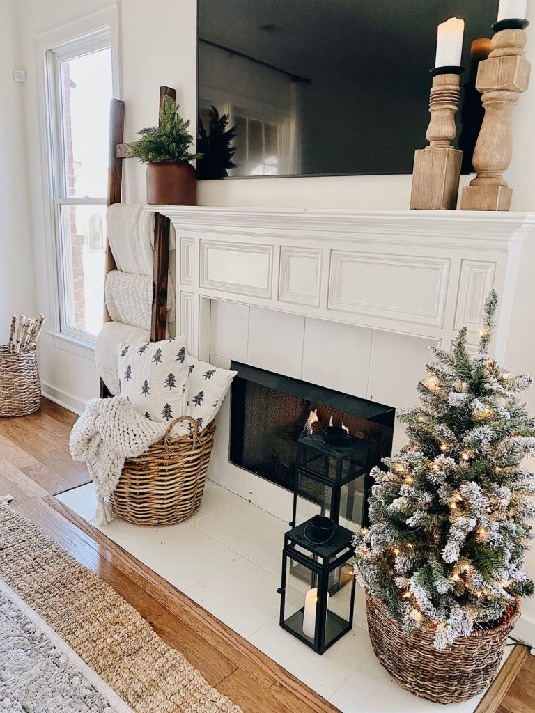 Farmhouse Mantel with Flocked Tree and Knit Stockings — Winter Mantel Decor