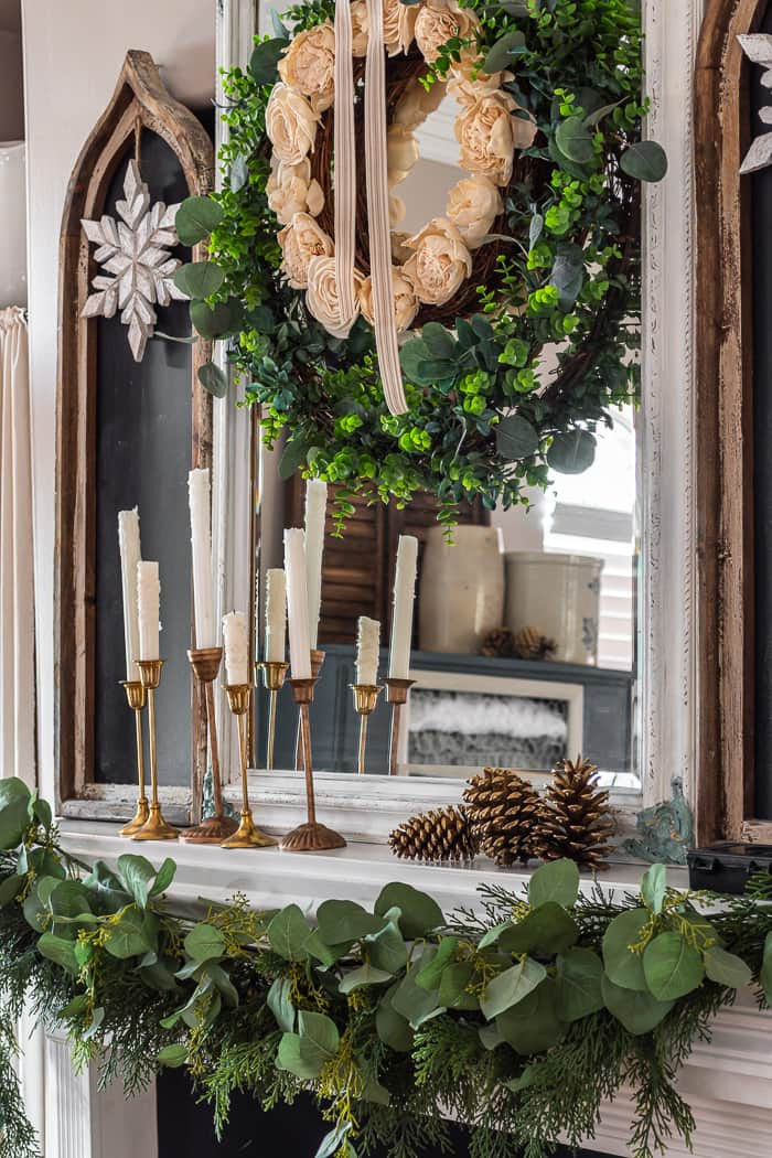 Farmhouse Mantel with Eucalyptus Garland and Brass Accents Farmhouse Mantel with Eucalyptus Garland and Brass Accents — Winter Home Decor