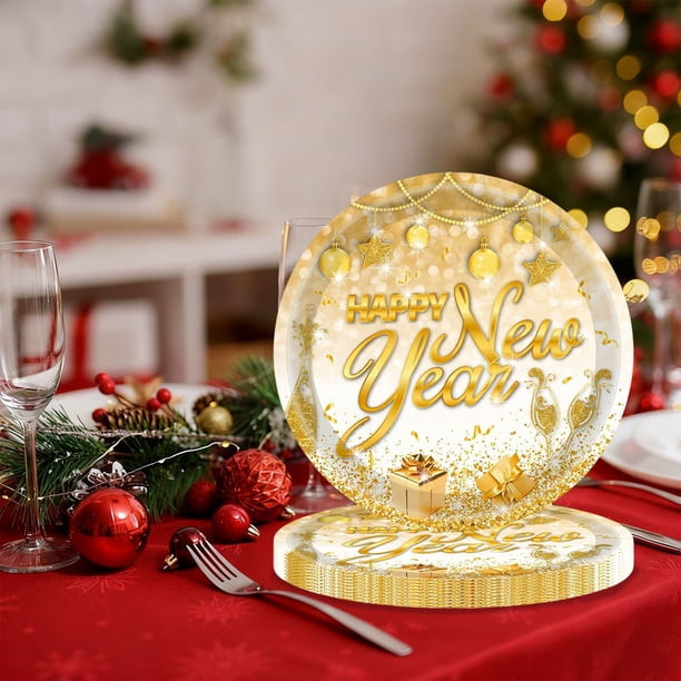 Showcase Gold 'Happy New Year' Plates as a Festive Table Accent Showcase Gold 'Happy New Year' Plates as a Festive Table Accent — Gold New Years Eve Decor