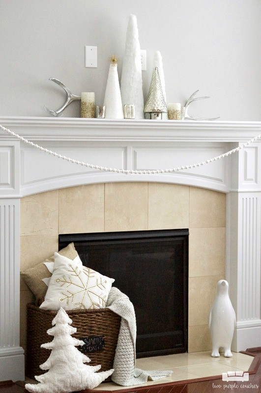 Winter White Mantel with Ceramic Trees and Silver Antlers — Winter Mantel Decor
