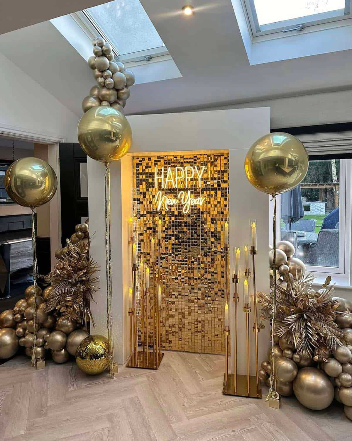Entryway Hall Entryway Decor Featuring a Gold Sequin Wall and Neon 'Happy New Year' Sign — New Years Eve Party Decor