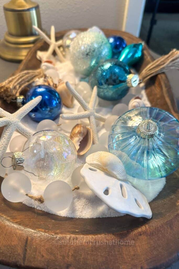 How to Create a Coastal Decor Dough Bowl Using Christmas Ornaments