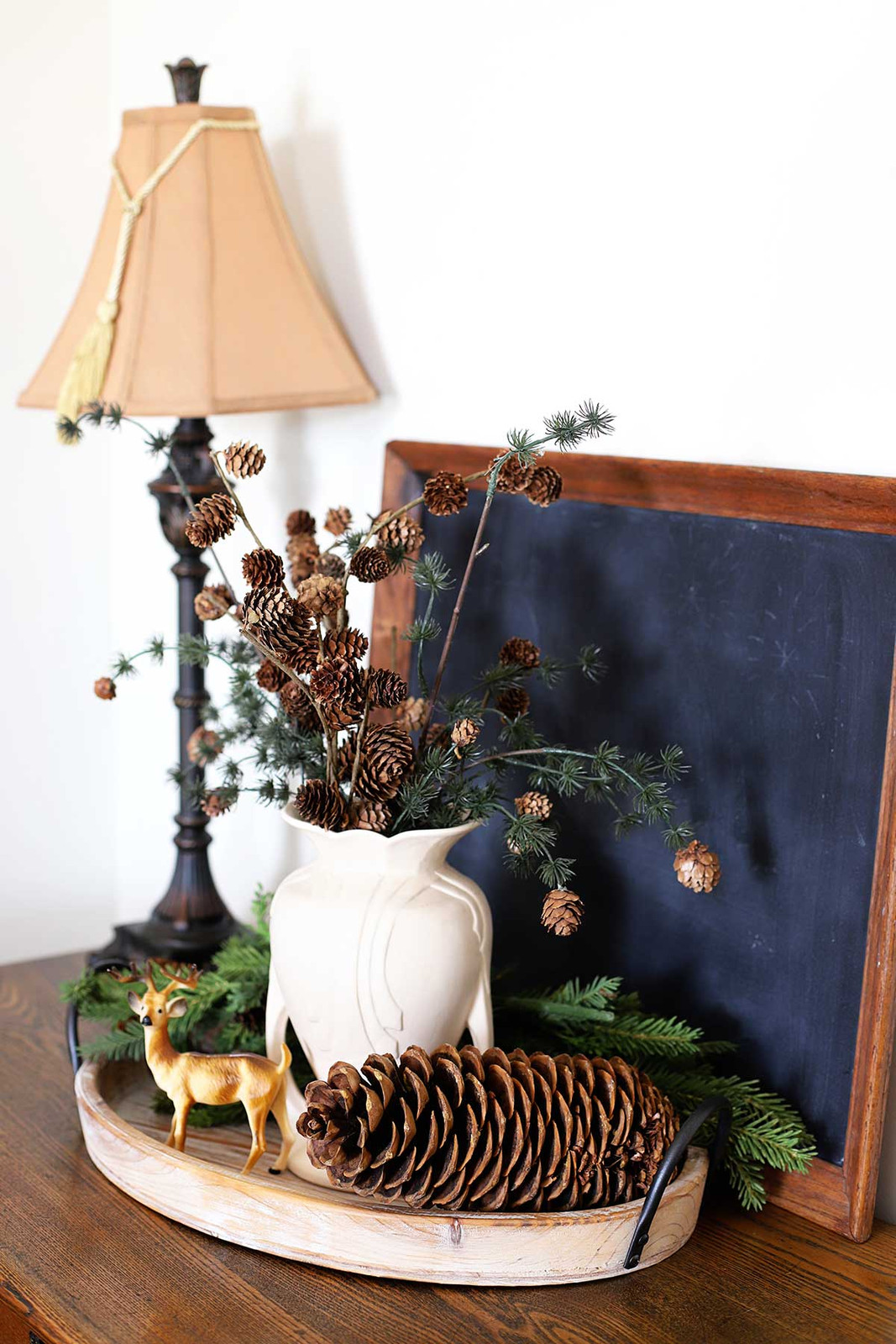Rustic Shelf Display with Pine Branches and Pinecones Rustic Shelf Display with Pine Branches and Pinecones — Winter Home Decor