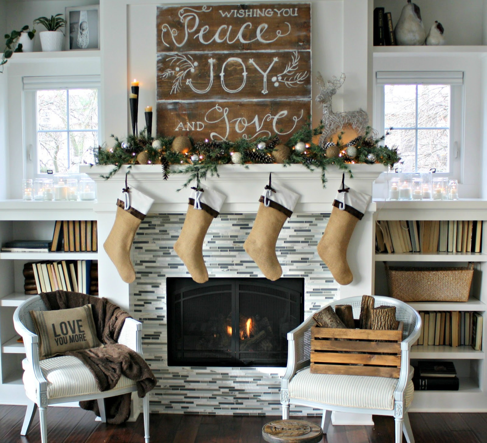 Festive Mantel with 'Peace Joy Love' Sign and Burlap Stockings — Winter Mantel Decor