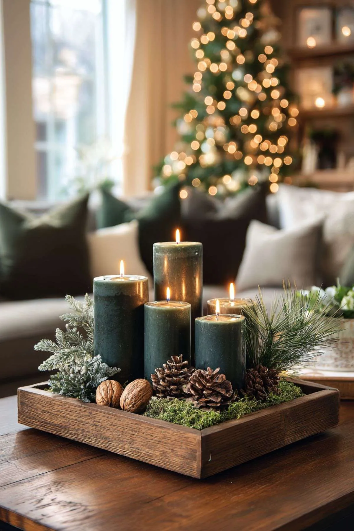Traditional Dark Green Candle Centerpiece with Natural Elements Traditional Dark Green Candle Centerpiece with Natural Elements — Christmas Candle Decor