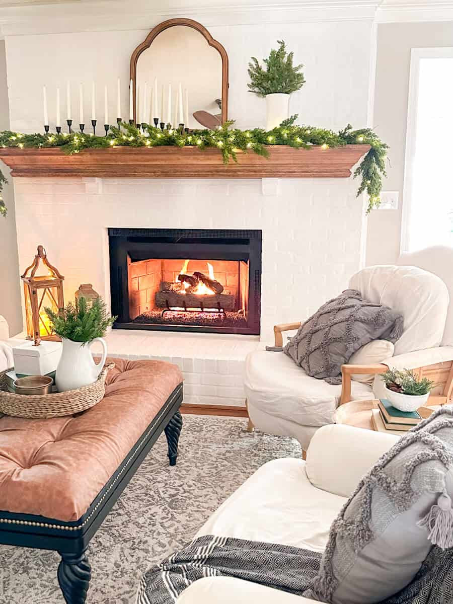 Modern Farmhouse Mantel with Lush Garland and Taper Candles — Winter Mantel Decor