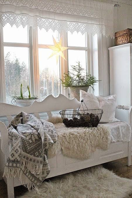White Bench with Sheepskin Rug and Pinecone Basket White Bench with Sheepskin Rug and Pinecone Basket — Winter Home Decor