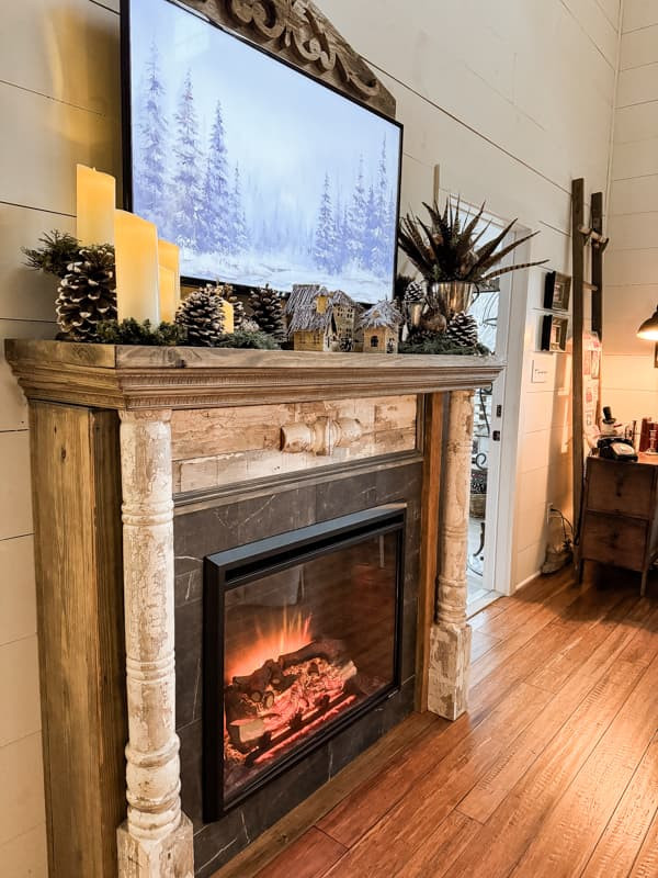 Hygge-Inspired Mantel with Miniature Village and Pinecones — Winter Mantel Decor