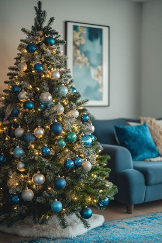 Variety of Blue and Silver Ornaments on a Central Christmas Tree Variety of Blue and Silver Ornaments on a Central Christmas Tree — Blue and Silver Christmas Tree