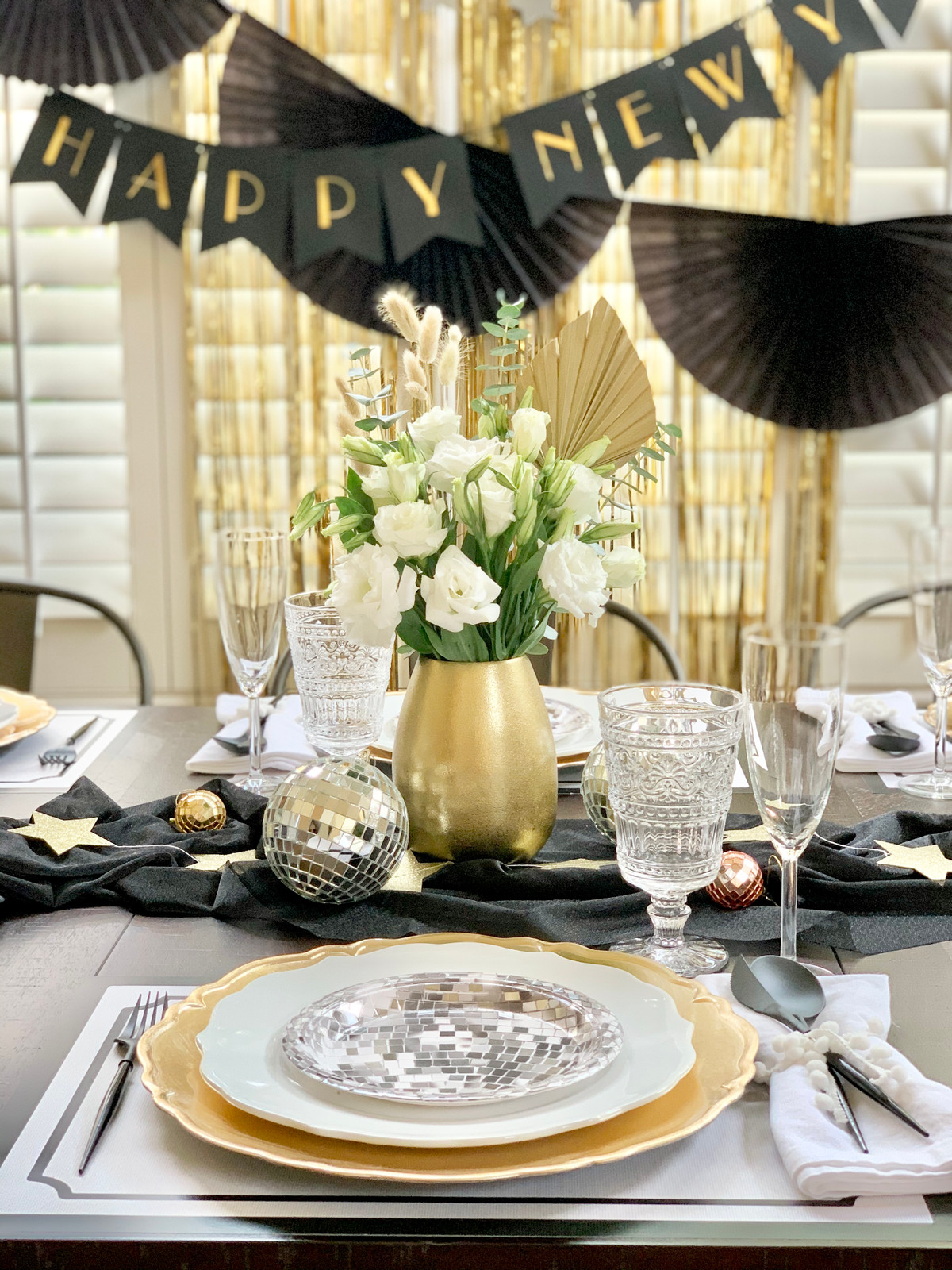 Dining Room Glam with Disco Ball and Banner Backdrop — New Years Eve Backdrop