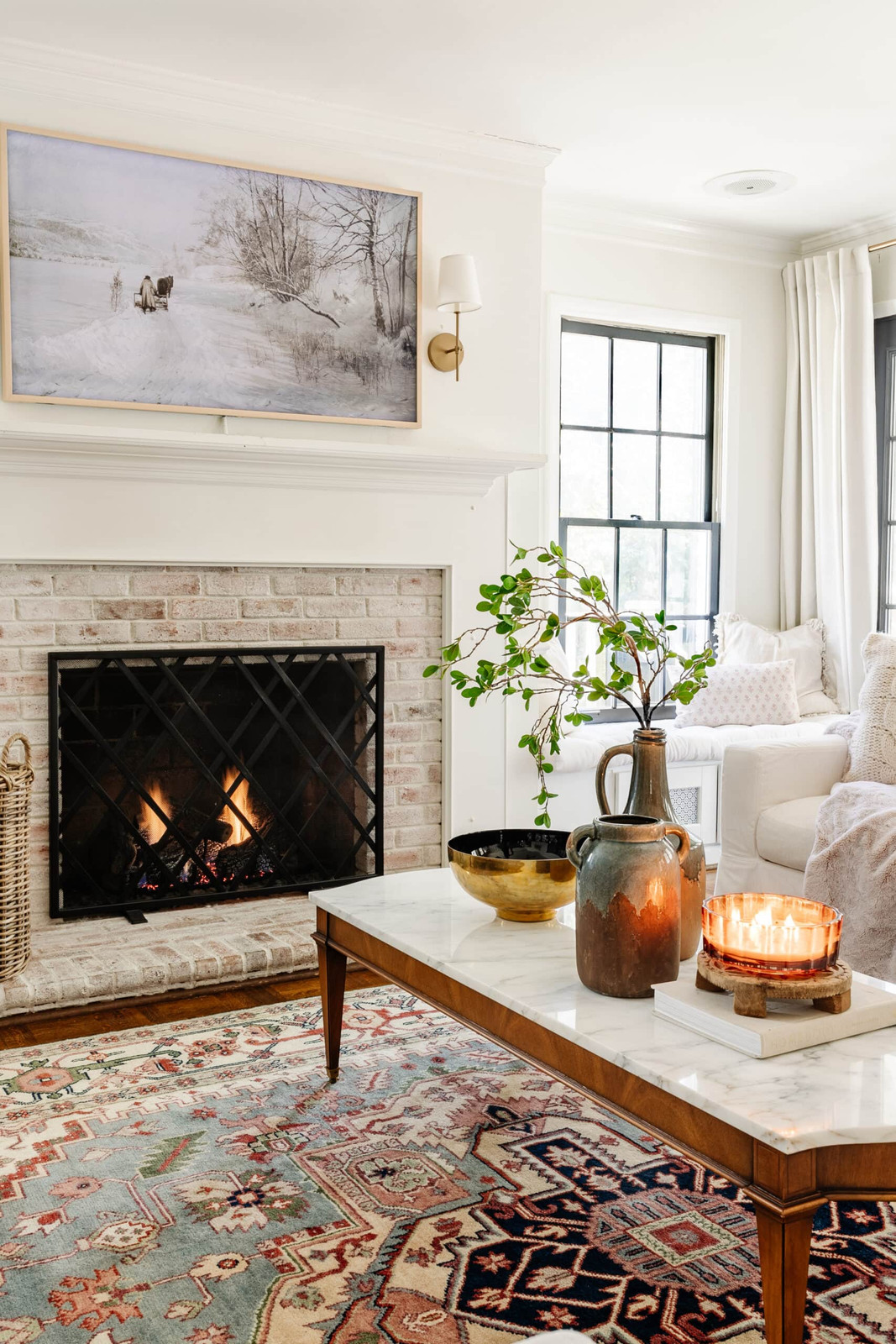 Eclectic Living Room with Brick Fireplace and Marble Coffee Table Eclectic Living Room with Brick Fireplace and Marble Coffee Table — Winter Home Decor
