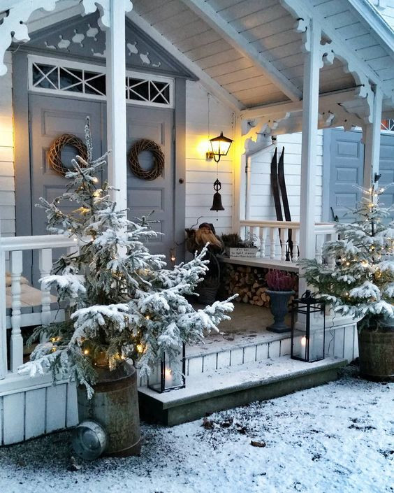 Magical Scandi Porch with Snow-Dusted Trees and Twinkling Lights Magical Scandi Porch with Snow-Dusted Trees and Twinkling Lights — Winter Porch Decor