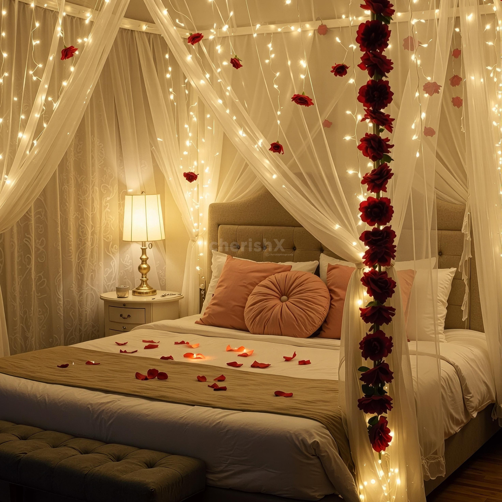 Canopy Bed Draped in Fairy Lights for Intimate Evenings Canopy Bed Draped in Fairy Lights for Intimate Evenings — New Years Eve Date Night at Home