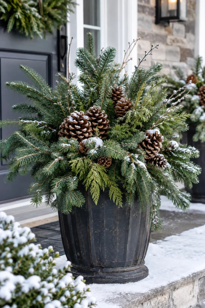 Traditional Planter Filled with Evergreen and Large Pinecones Traditional Planter Filled with Evergreen and Large Pinecones — Winter Porch Decor