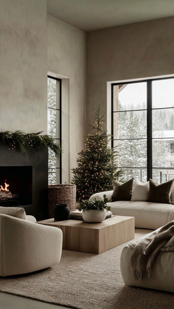 Modern Living Room with Christmas Tree and Fireplace Modern Living Room with Christmas Tree and Fireplace — Winter Home Decor