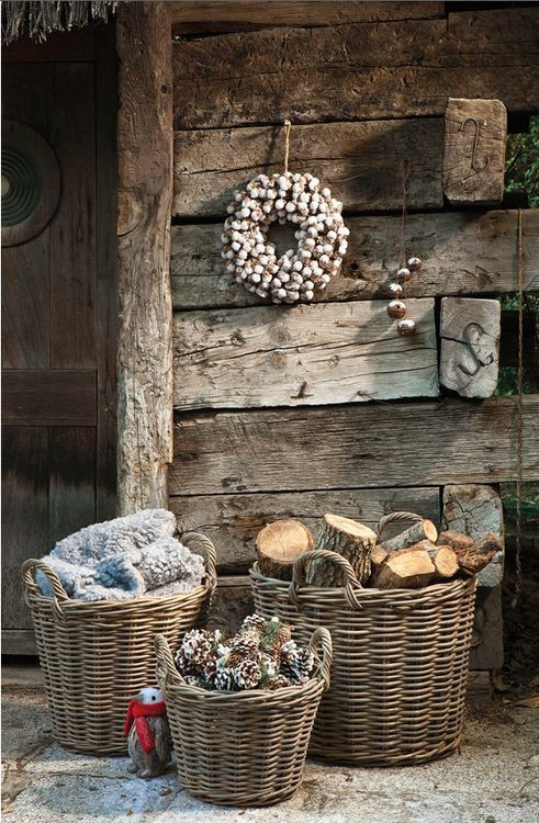 Rustic Wicker Baskets with Sheepskin, Firewood, and Pinecones Rustic Wicker Baskets with Sheepskin, Firewood, and Pinecones — Winter Porch Decor